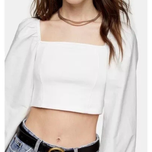 Topshop Tops - TOPSHOP Off-White Balloon Statement Sleeve Poplin Square Neck Crop Top Size 6